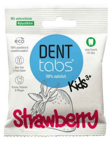 Packaging_125_DENTTABS_Erdbeere_ohneFluorid Fluoride Free, Strawberry Flavoured Toothpaste Tablets (Children), 125 pieces